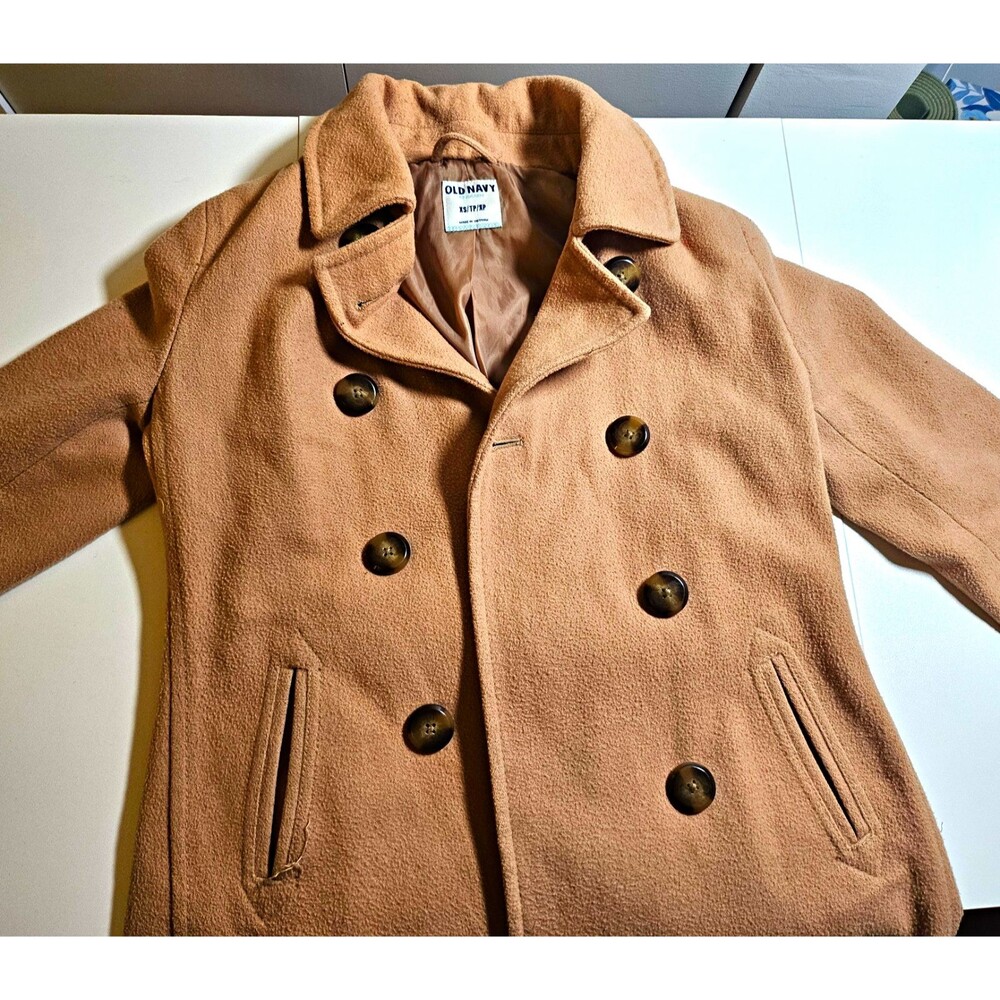 Women's Wool Pea Coat In Tan Double Breasted Lined Pockets Mid-Length Size Small